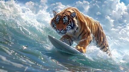 Majestic Tiger Catches the Waves for a Thrilling Summer Adventure on the Serene Ocean - obrazy, fototapety, plakaty