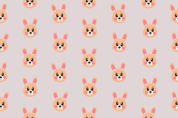 Seamless pattern with kawaii cute happy sweet face, head of bunny, rabbit face for children isolated on beige background. Vector illustration for baby, kids	