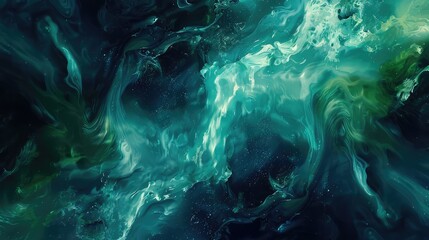 Liquid fluid art abstract background. Blue green acrylic paint underwater, galactic smoke ocean.