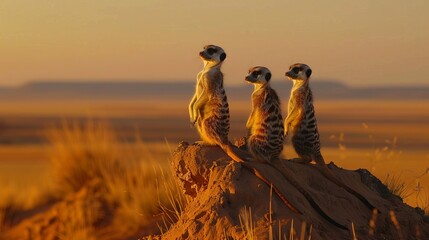 Group of meerkats standing on top of a hill at sunset - obrazy, fototapety, plakaty