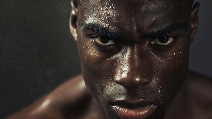 A closeup portrait of a determined black man his intense gaze conveying the ecstasy of achieving his goals. His sharp features and confident stance show the determination and hard . - obrazy, fototapety, plakaty