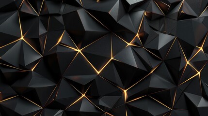 Luxury triangle abstract black metal background with golden light lines. Dark 3d geometric texture...