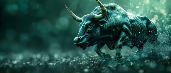 Majestic Green Bull: Symbol of a Soaring Stock Market. Concept Stock Market, Bull Market, Symbolism, Financial Growth, Majestic Green Bull