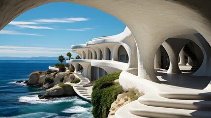 Coastal architectural beauty is embodied in a building with a balcony overlooking the ocean, merging coastal elegance with waterfront design to create a tranquil retreat that boasts serene ocean views - obrazy, fototapety, plakaty