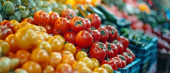 Fresh farmers market vegetables, close shot, soft focus background, daylight, rich colors