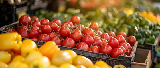Fresh farmers market vegetables, close shot, soft focus background, daylight, rich colors