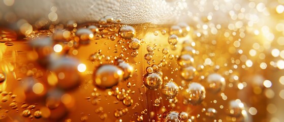 Craft beer, glass, close focus, golden amber, bubbles rising, soft bar light
