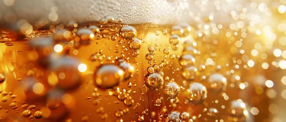 Foto op Canvas Craft beer, glass, close focus, golden amber, bubbles rising, soft bar light © Thanthara