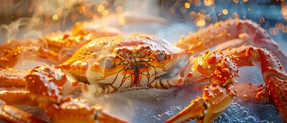 Obraz na płótnie Canvas Crab legs pile, close view, steam rising, soft focus on cracked shell, dim restaurant light
