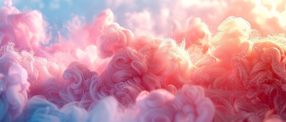 Cotton candy, fluffy texture, close-up, soft pastel hues, detailed sugar strands, bright light