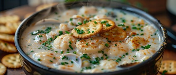 Clam chowder, close-up, oyster crackers on top, steam visible, cozy kitchen setting, rich texture - obrazy, fototapety, plakaty