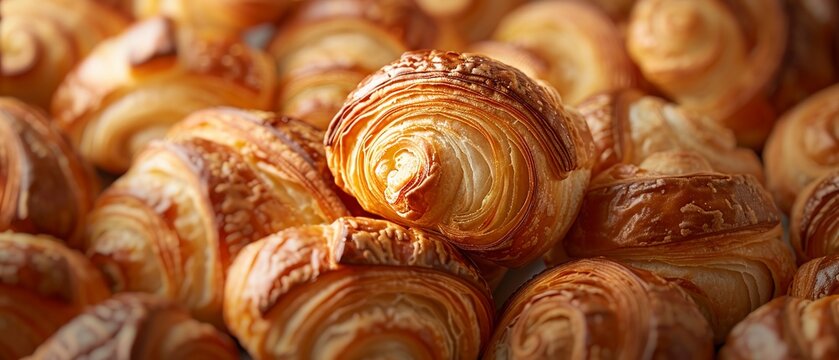 Croissants, buttery layers visible, close view, soft morning light, flaky texture