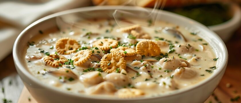 Clam chowder, close-up, oyster crackers on top, steam visible, cozy kitchen setting, rich texture