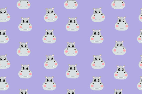 Seamless pattern with lovely kawaii head of hippopotamus, cutie grey hippo. Cute vector wallpaper for nursery, print or textile for kids on purple background