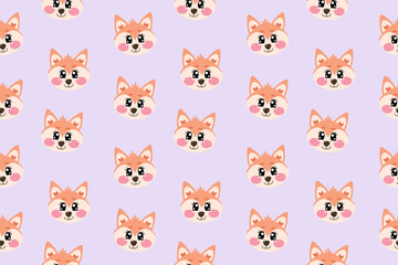 Seamless pattern with kawaii sweet, lovely, smiling, cute fox face or head for nursery, print or textile for kids on soft pink background