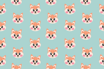 Seamless pattern with cute kawaii face of fox for nursery, print or textile for kids	