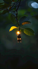 A firefly ignites the dusk, its luminescence piercing the twilight forest backdrop. 