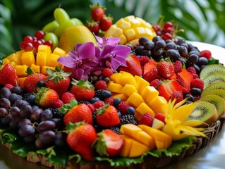 Naklejka na ściany i meble A bountiful arrangement of vibrant fruits, capturing the freshness and variety of nature's offerings, suitable for themes of health, nutrition, and culinary arts.