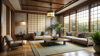 Fototapeta na wymiar Japandi style lounge room featuring a combination of Japanese & Scandinavian styling