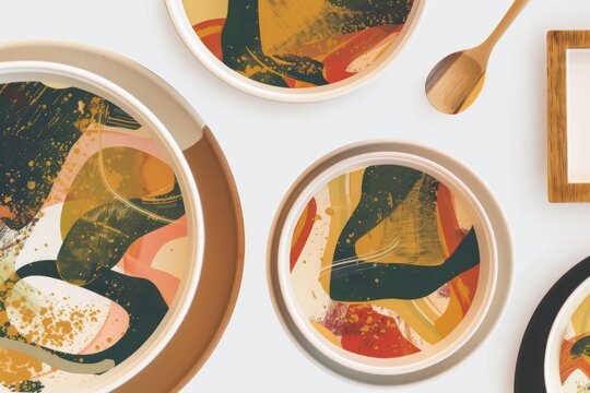 Modern dinnerware set featuring unique abstract art designs, ideal for kitchen decor and home styling guides.