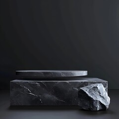 3D illustration of a dark stone podium in a studio setting, featuring a simple, abstract stage scene for product showcase or presentation.