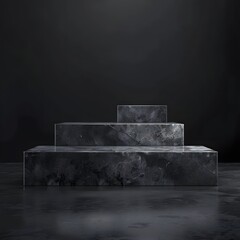 3D illustration of a dark stone podium in a studio setting, featuring a simple, abstract stage scene for product showcase or presentation.