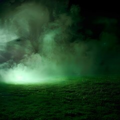 Dark night scene in a grassy stadium, filled with a thick, green, light-emitting cloud of suspicious-smelling smoke, resembling a toxic, black fog. - obrazy, fototapety, plakaty