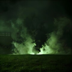 Fototapeta premium Dark night scene in a grassy stadium, filled with a thick, green, light-emitting cloud of suspicious-smelling smoke, resembling a toxic, black fog.