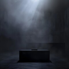 Product platform on a podium, set in a dramatic, smoky scene with a spotlight, against a dark background.