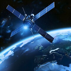 Telecom communication satellite orbiting around the Earth, displaying a hologram of data information for online and internet connection and GPS space orbit services.