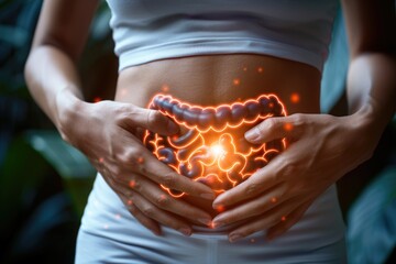 Visual demonstration of digestive tract, intestine, stomach, small colon, duodenum: illustrating issues like disease, pain, and nutrition, emphasizing the importance of gastrointestinal health. - obrazy, fototapety, plakaty