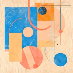 Minimal composition with geometric shapes and lines on an abstract colored paper texture background in pastel blue, peach, and orange colors.