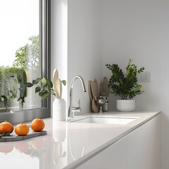 Modern minimalistic kitchen interior scene, showcasing a white quartz countertop, kitchen sink, water tap, oranges, potted plant, window, and wall cabinet. - obrazy, fototapety, plakaty
