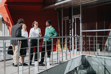 Multiracial business professionals engage in discussion during a sunny day outside modern city buildings.