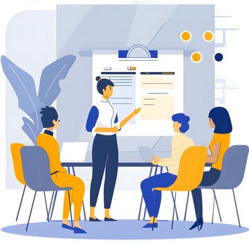 An illustration of a scrum master engaging her business team during a project management meeting, highlighting effective collaboration and communication.