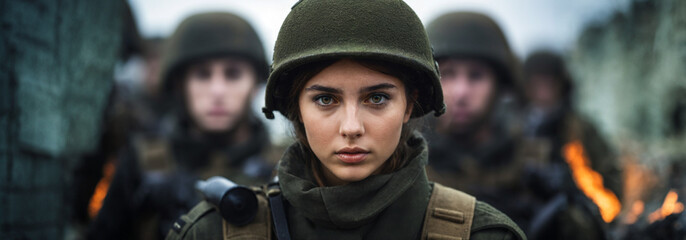 young adult woman is in the military is a soldier with uniform and helmet, army and federal armed forces, ready to fight or basic training in the military