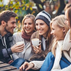 Obraz premium Happy young friends chatting and having coffee on a friends date, displaying the joy and companionship of the gathering.
