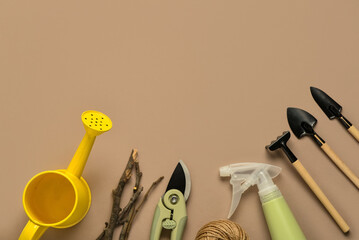 Branches and set of gardening tools on beige background