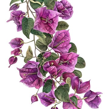Vibrant illustration of Bougainvillea spectabilis, also known as paper flower, showcasing its full bloom with pink and purple bracts and green, glossy leaves.