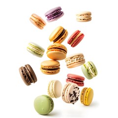 Obraz premium Colorful macarons floating in the air, conveying a sweet desserts and cakes concept.