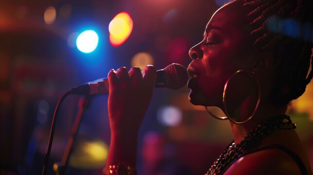 In a dimlylit club a singer belts out a soulful ballad her eyes closed and her hand dramatically grasping the microphone. The raw emotion on her face and the colorful stage lights .