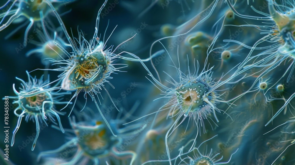 Poster in this microscopic image a group of ciliates battle it out with their impressive defense mechanisms
