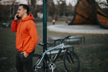 Casual young man in orange hoodie talking on phone, standing by his bicycle in an urban park setting, with the evening light.