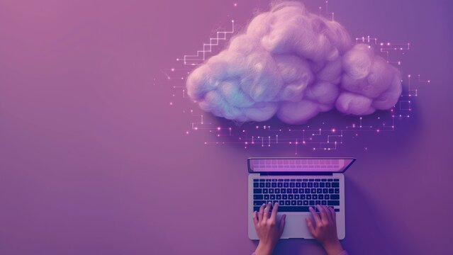 A person typing on laptop with cloud technology concept, purple background, top view