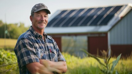 A farmer standing proudly in front of his barn which is powered by renewable energy sources demonstrating his commitment to environmental stewardship in both farming and biofuel production. .