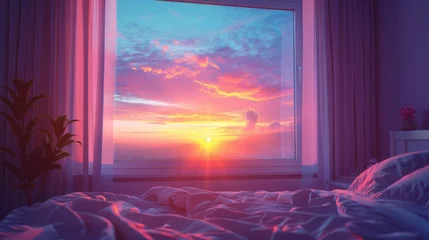 Schilderijen op glas sunset view behind the bedroom window with vaporwave tone color, suitable for wallpaper, posters. Generative AI © wellyans