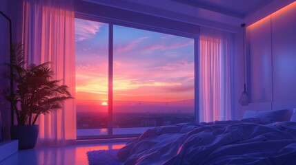 Fototapeta na wymiar sunset view behind the bedroom window with vaporwave tone color, suitable for wallpaper, posters. Generative AI