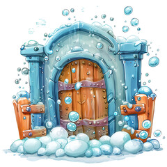 Snow-covered door in a cartoon style with a multitude of bubbles surrounding it, creating a whimsical and playful scene.