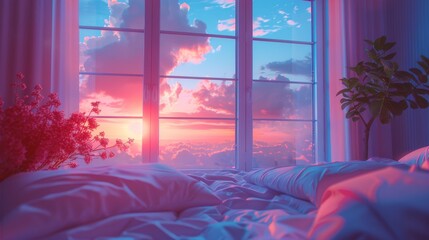sunset view behind the bedroom window with vaporwave tone color, suitable for wallpaper, posters. Generative AI