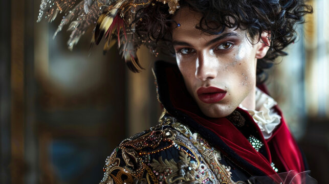 A stunning man with dark curly locks styled in a lustrous wig adorned with feathers and jewels. His makeup is bold and theatrical with deep red lips and a touch of shimmer on his . .